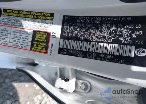 2021 Lexus Es 350 из США, поврежденный, VIN 58ADZ1B15MU089795